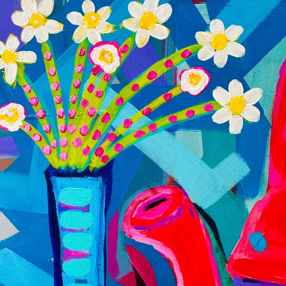 Modern Abstract Red Teapot Cup & Flowers 12"x 12" Cradled Wood Panel 12" x 12" - Picture 7 of 11